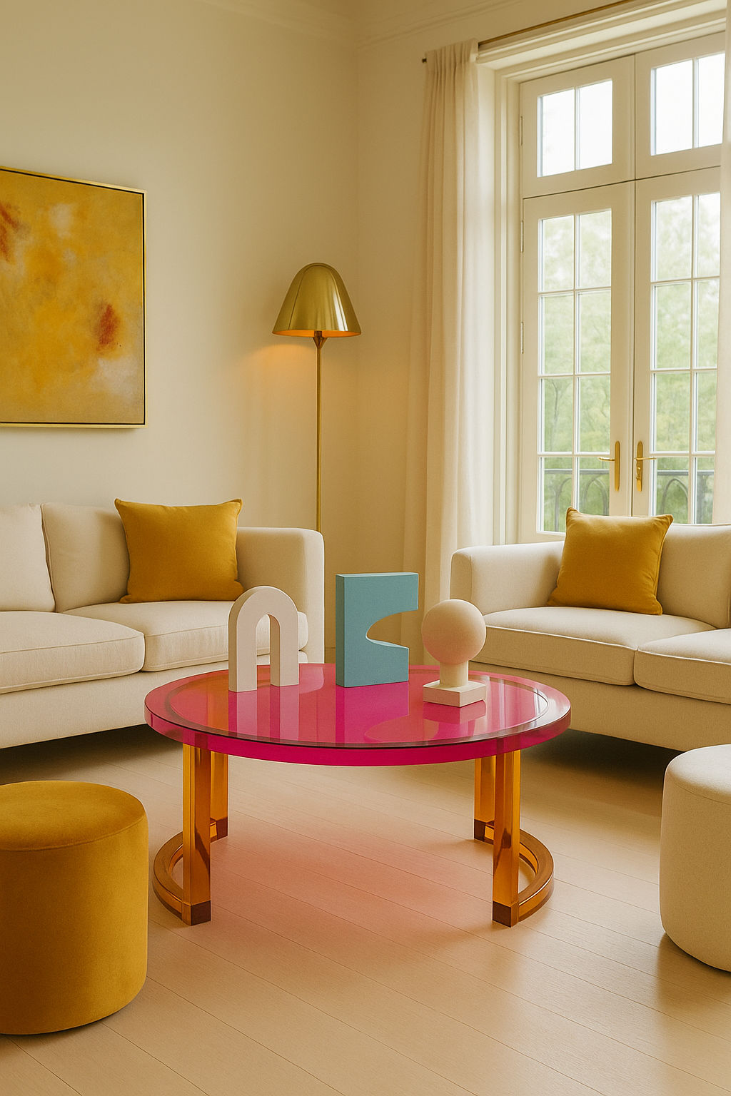 Bold Acrylic Round Coffee Table set in a chic living room, emphasizing its unique color combination and artistic presence.