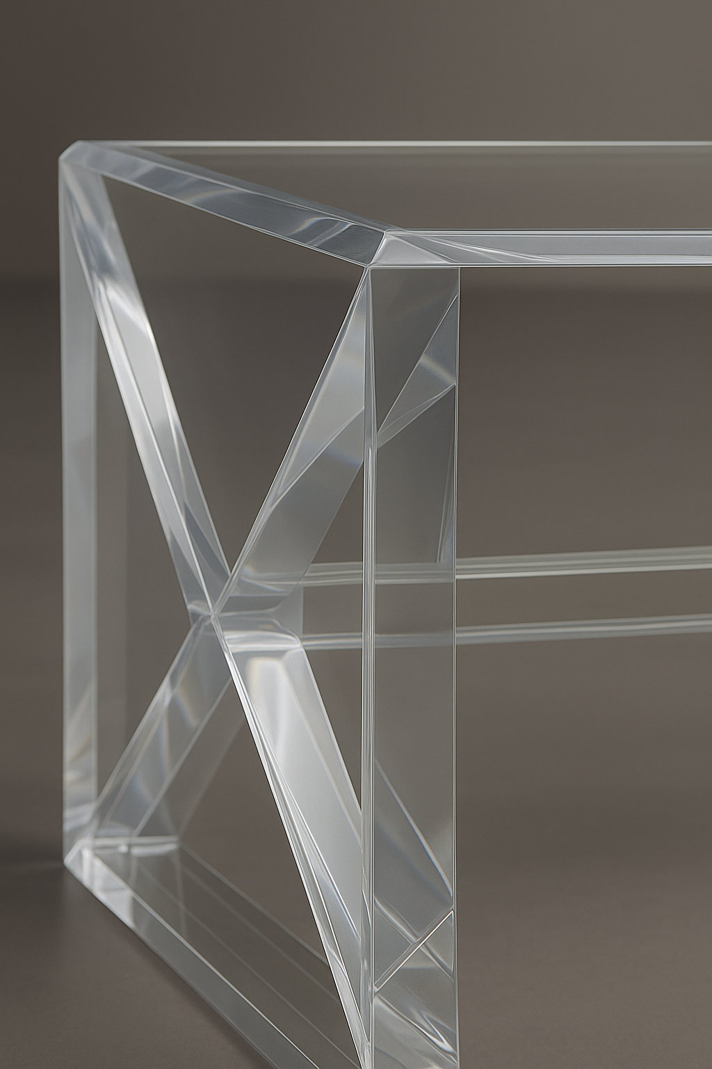 X Prism Lucite Coffee Table from above, demonstrating its unique shape and elegance in a minimalist décor.