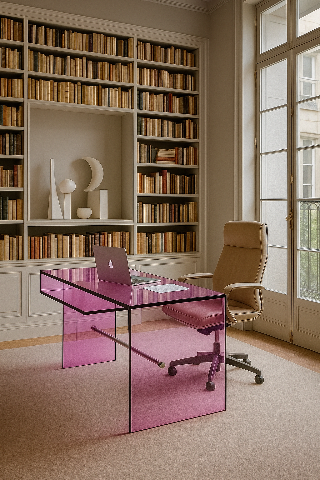 Lucent Radiance: Modern Fuchsia Acrylic Desk paired with a sculptural chair and art books, enhancing a stylish workspace.