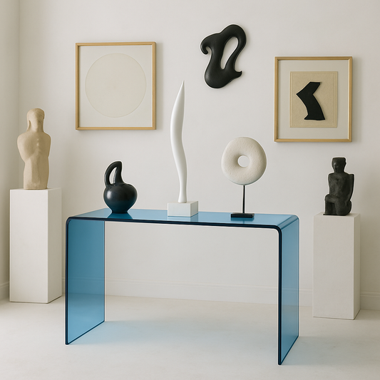 Close-up of the transparent blue finish and polished edges of the MODERN BLUE U LUCITE CONSOLE TABLE, emphasizing its modern console table design.