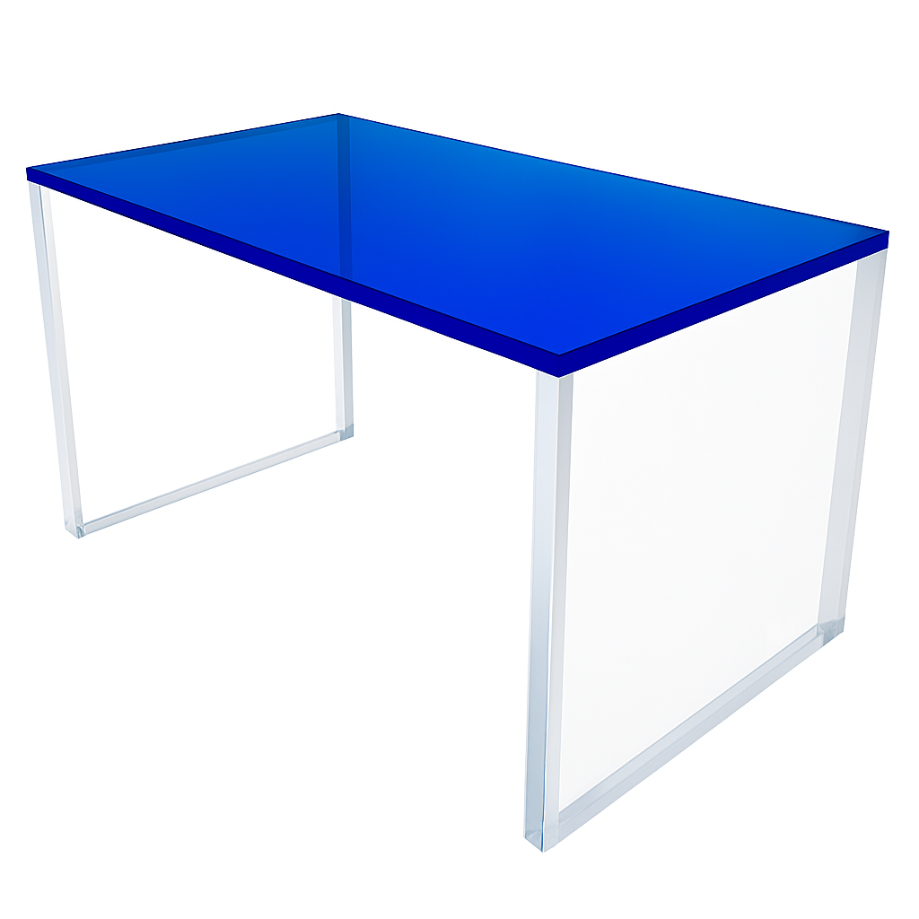 The Modern Blue Acrylic Desk featuring a sleek design, perfect for home offices and creative studios, emphasizing its minimalist appeal.