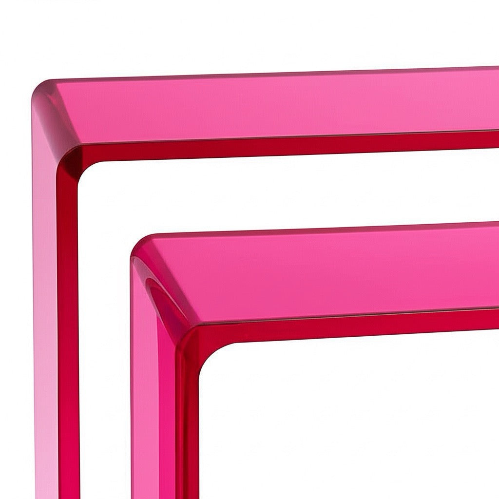 Detail image of the Acrylic Double-Decker Transparent Fuchsia Console, illustrating the modern aesthetics of this trendy transparent fuchsia table.