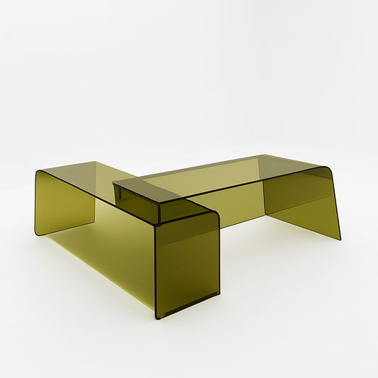Modern Transparent Olive Oil Acrylic Desk With Integrated Console showcasing minimalist luxury design, featuring thick translucent acrylic construction.
