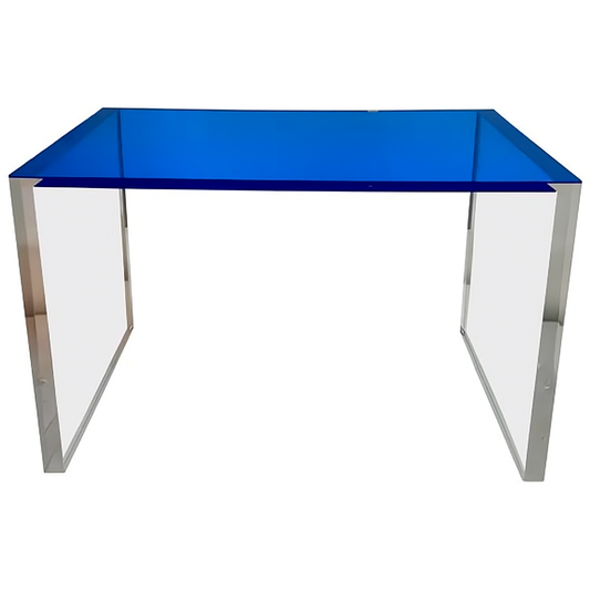 A close-up view of the Modern Blue Acrylic Desk showcasing its cobalt blue top and clear acrylic legs, ideal for contemporary workspaces.