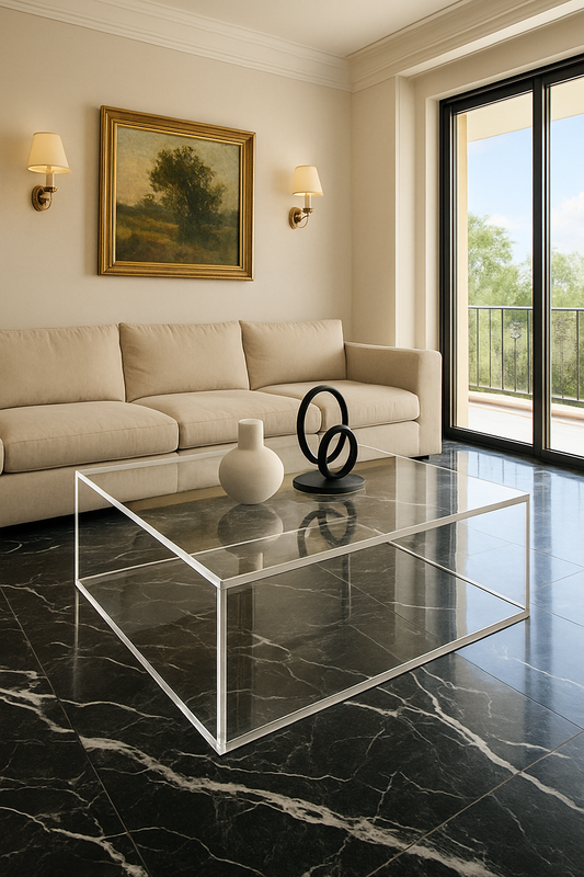 Handmade SQUARE BOX LUCITE TABLE with a polished acrylic finish, perfect as a luxury coffee table for modern living rooms.