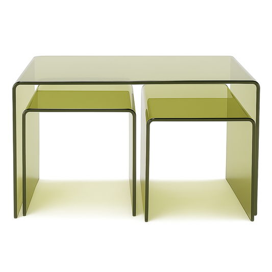 Acrylic Olive Green Transparent Table Set - 3 Pieces showcasing the stylish retro design with smooth curves.