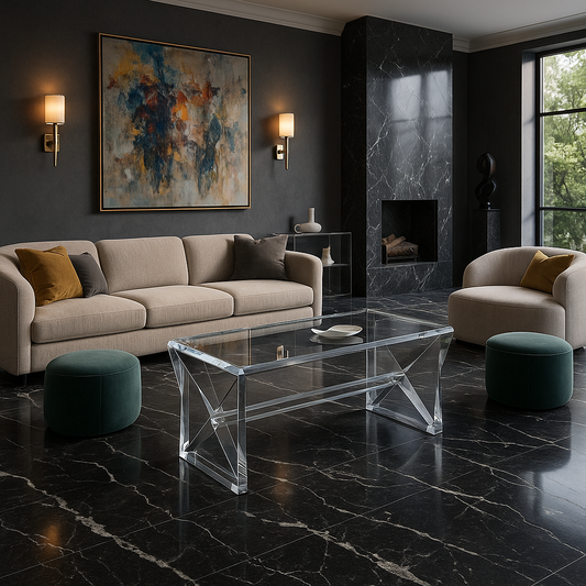 X Prism Lucite Coffee Table showcasing sculptural 30mm acrylic design, perfect for modern interiors.