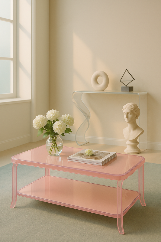 Rosé Acrylic Coffee Table showcasing elegant curves and pastel pink finish, perfect for contemporary living spaces.