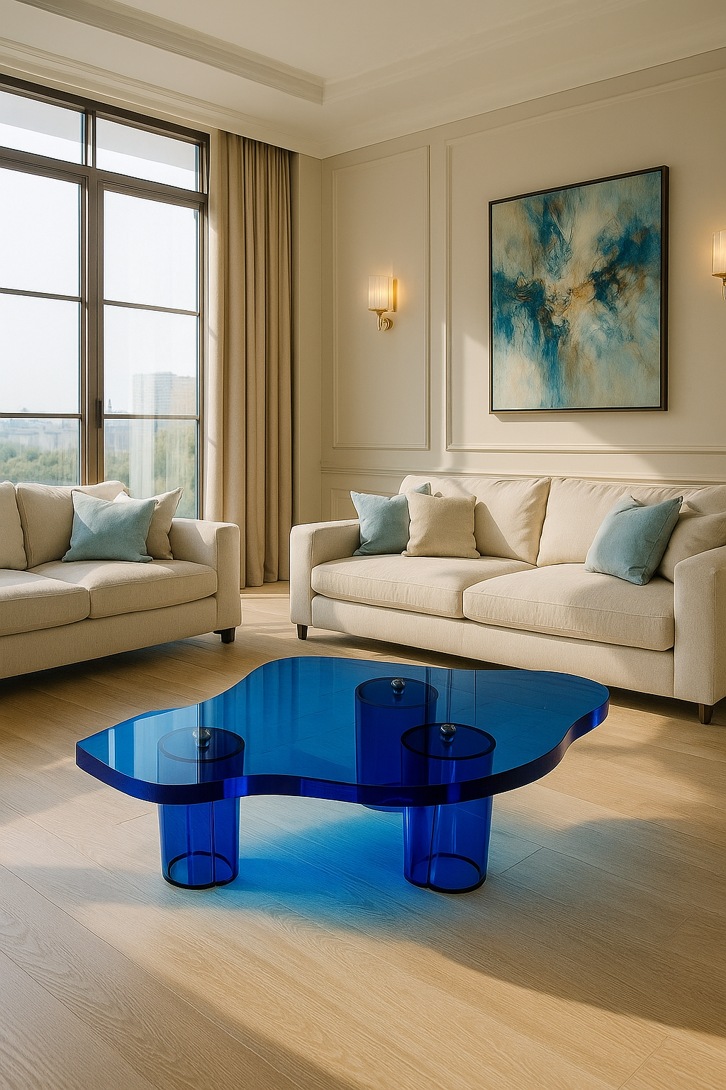 Detailed shot of The Azure Brass Mirage blue acrylic coffee table, featuring hand-finished brass caps and a floating design.