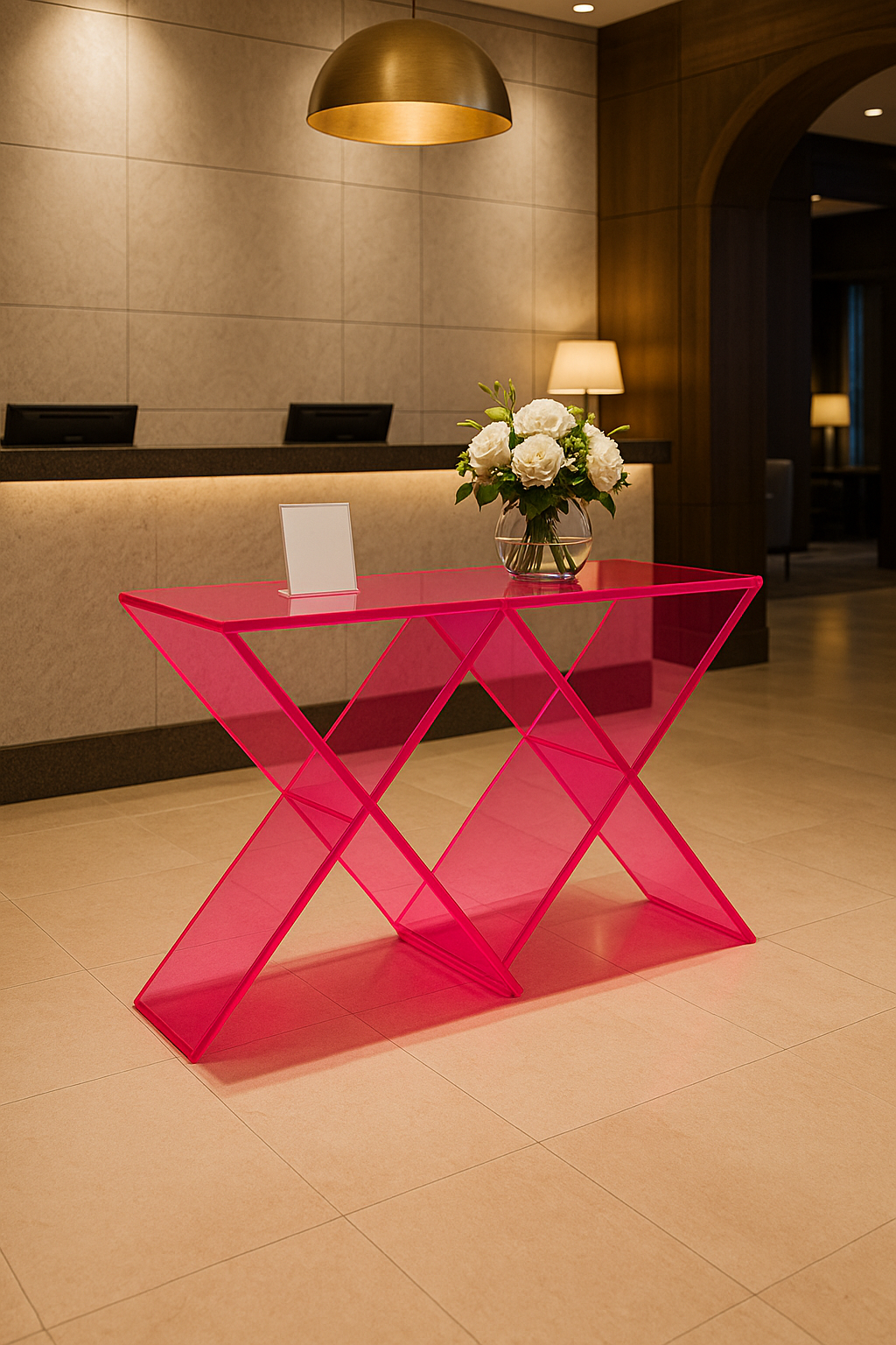 Acrylic X Console Table Neon Pink in a bright and airy space, exemplifying how this acrylic console table brightens modern interiors.