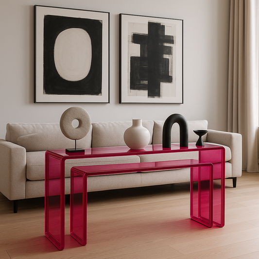 Acrylic Double-Decker Transparent Fuchsia Console showcasing sleek design and vibrant color, perfect as a sophisticated addition to modern decor.