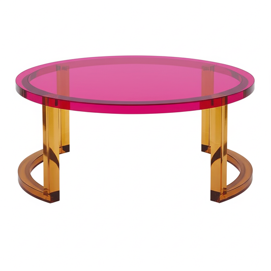 Bold Acrylic Round Coffee Table with a vibrant magenta top and amber legs, showcasing its stylish design and modern aesthetic.