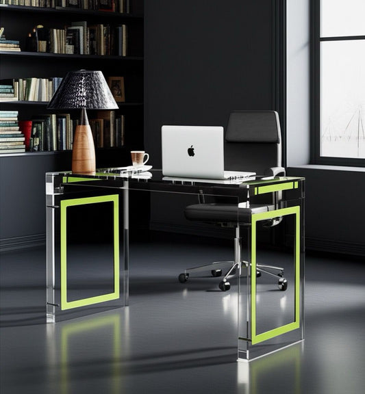 Luminous Olive Edge Acrylic Executive Desk showcasing its vibrant olive-green edges against a sleek acrylic surface.