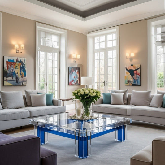 AquaLux modern acrylic coffee table with a bold blue base and clear top, showcasing its contemporary design in a stylish living room setting.