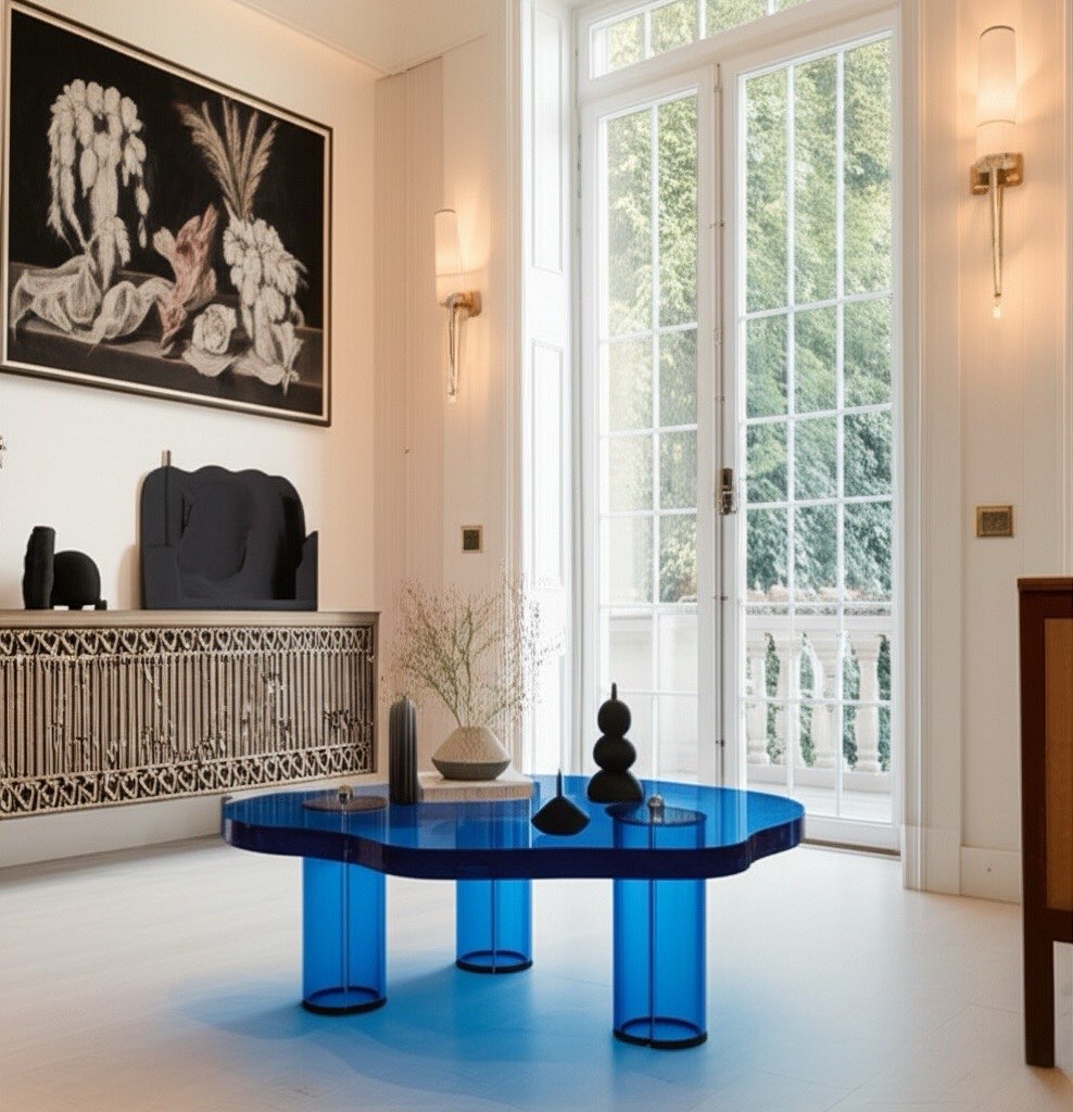 The Azure Brass Mirage in a contemporary living room setting, emphasizing its role as a luxurious blue acrylic coffee table centerpiece.