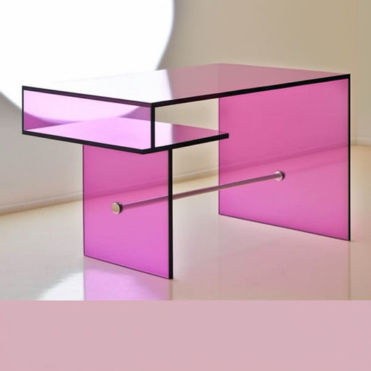 Lucent Radiance: Modern Fuchsia Acrylic Desk showcasing its sculptural form and bold design in a contemporary office setting.