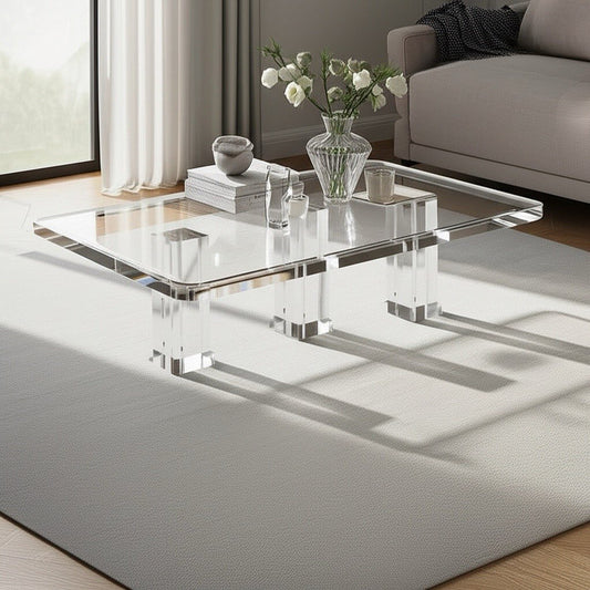 Modern Clear Acrylic Coffee Table With Sculptural Base showcasing its elegant design and transparent structure.
