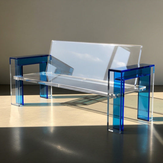 Sculptural Acrylic Bench with Blue Accents showcasing its stunning transparent design and 40mm thick Lucite structure.
