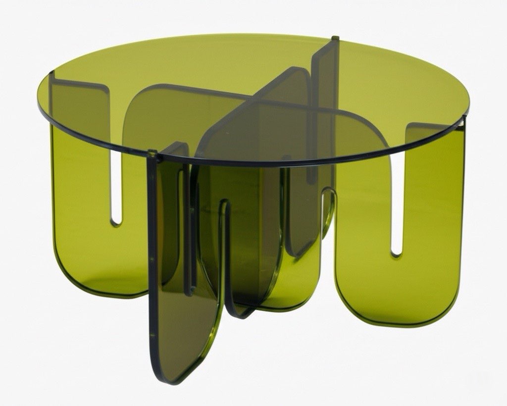 Close-up of the Olive Oil Wave Lucite Table highlighting the unique olive oil tint and seamless design, made from durable premium cast acrylic.