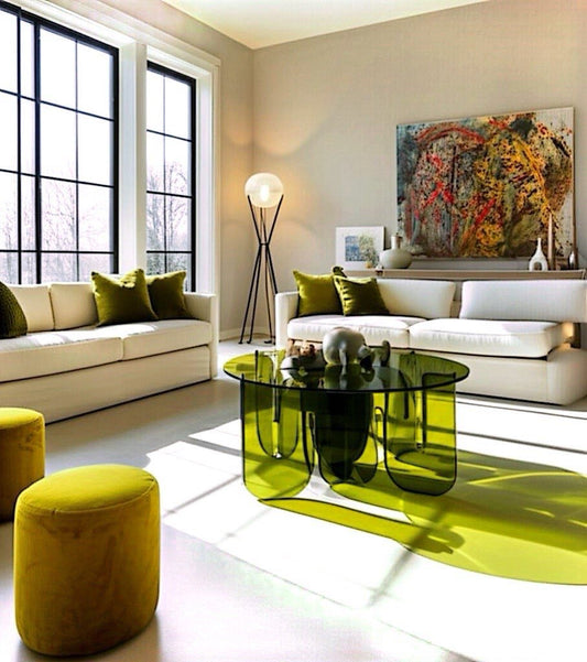 Modern Olive Oil Wave Lucite Table showcasing its elegant round top and wave-shaped base, crafted from 10 mm thick acrylic.