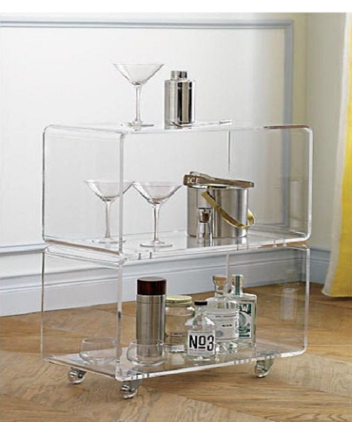 TWO SHELF LUCITE WHEELED TABLE