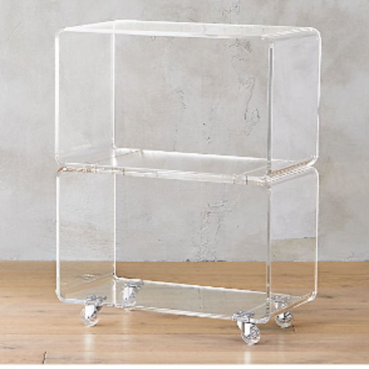 TWO SHELF LUCITE WHEELED TABLE